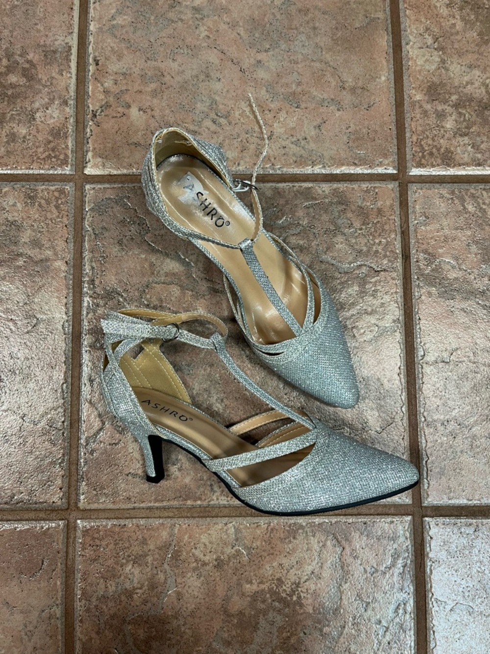 Ashro Silver Glitter Pointed T-Strap Heels